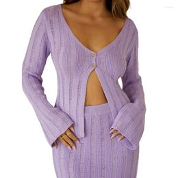 Work Dresses Women Knit Two Piece Skirt Clothes Sets Spring Autumn Long Sleeve V Neck Button Ribbed Tops And Set Sexy Club
