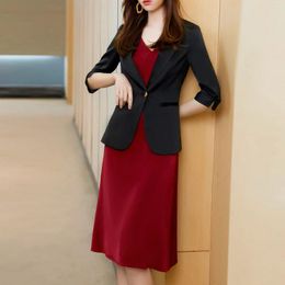 Work Dresses Spring Summer Women Office Lady Sets Fashion Half Sleeve Small Blazers Coats Strap Vest Pencil Formal Suits