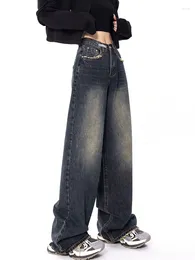 Women's Jeans Y2k Chic Women Dark Blue Straight Loose BF High Waist Casual Jean Female Denim Wide Leg Pants 2024 Autumn Winter Trousers