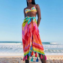 Women's Swimwear Colourful Printed Gathered Sling Bikini High Waist Cut Hollow Backless Swimsuit Womens Cover Up Beach Skirt Elegant and Chic T240523