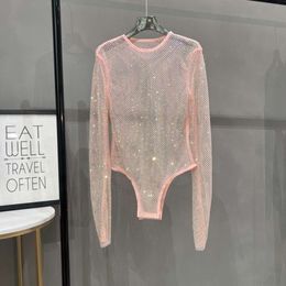 Pink Designer einteiliger sexy Strass-Badeanzug-Verzierungen über den Körper im gesamten Körper Feste Farbe Langarm Hohlaushöhle-Mesh Badeanzug FZ2405234