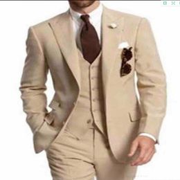 Excellent Beige 3 Piece Suit Men Wedding Tuxedos Peak Lapel Groom Business Dinner Prom BlazerJacket Pants Tie Vest 36 219d