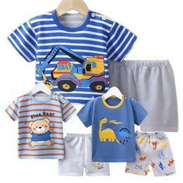 Pyjamas Cotton Pyjamas cartoon T-shirt+shorts 2-piece clothing set for childrens summer boys and girls striped casual sportswear set 0-6 Y WX5.21