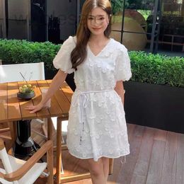 Basic & Casual Dresses designer High end Women's Clothing CE Home 3D Bubble Sleeves Flower Embroidery French Elegant V-neck Lace up Dress NE70