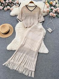 Work Dresses 2024 Summer Knitted Vacation Two Pieces Suits Women Short Sleeve Crop Tops Elastic Slim Maxi Long Skirts Female Beach Sets