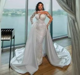 African Mermaid Wedding Bride Dress 2204 O-neck Long Sleeves Beads Sequin Lace Appliques Bridal Formal Gowns Vestido De Noiva Customed