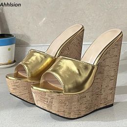 Sandals Ahhlsion Real Pos Women Summer Slingback Wedges High Heels Round Toe Gold Silver Party Shoes Ladies US Plus Size 4-20