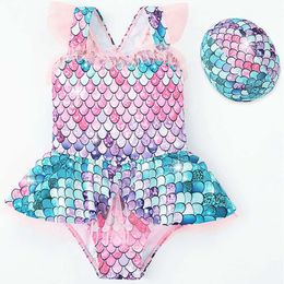 Mermaid Little Princess Swimsuit Baby One Piece Girls With Hat Children Swimwear Kids Beach Wear Bathing Suit L2405