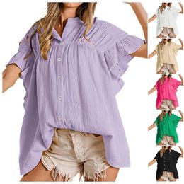 Women's Blouses Women Fashion Button Down Pleated Shirts Ruffle Short Sleeve Casual Tops Elegant Female Solid Colour Summer 2024