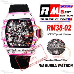 Bubba Watson 38-02 Manual Wind Real Tourbillon Mens Watch RMF Pink TPT Quartz Carbon Skeleton Red Dial Black Nylon Strap Super Edition Puretime Reloj Hombre PTRM