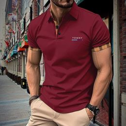 European and American mens casual short sleeved polo shirt office fashion plaid collar Tshirt breathable top 240513