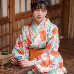 Ethnic Clothing Japanese Style Kimono Bathrobe Vintage Green Floral Pattern Artistic Retro Girl Dress