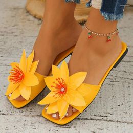 Slippers Versatile Open-toe Straight Line With Flower Trim Flat Soles Non-slip Wearable Comfortable Women's Slides Women