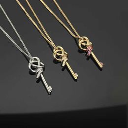 Designer's High Edition New Key Series Woven Knot Necklace Womens Small Size Set with Pink Diamond Rose Gold Lock Bone Chain