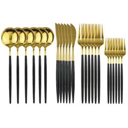 24Pcs Set Black Gold Dinnerware Cutlery Set Dessert Fork Flatware Set 18 10 Stainless Stee Kitchen Tableware Silverware 2164