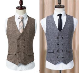 Double-breasted Tweed Vest Wool Herringbone Groom Vests Pockets Men's Suit Vests Slim Fit Men's Dress Vest Wedding Waistcoat