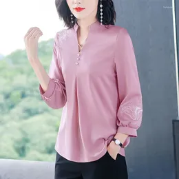 Women's Polos Korean Women Silk Shirt Satin Blouses Embroidery Print Blouse Shirts Woman V-neck Tops Plus Size Floral