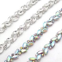 1 Yard Leaves AB Color Glass Crystal Chain Rhinestone Trim Plat Silver Crystal Chain Decoration Wedding Dress Accessories ML108 240521