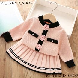 Child Girls Sets Sweater Clothing Spring Autumn Lovely Floral Suit Knit Cardigan Sweater With Short Skirt 2Pcs Kids Outfits B1b