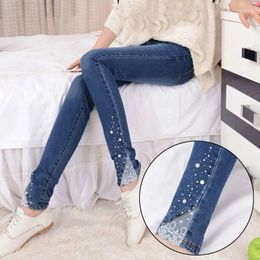 Women's Jeans For Women Stretch Blue Skinny Woman Mid Waist Denim Pants Ladies Lace Patchwork Slim Pencil