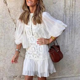 Casual Dresses Summer White Lace Embroidery Mini Dress Puff Half Sleeve Ruffle Hem Solid Colour Ladies Boho Beach Streetwear Vestidos