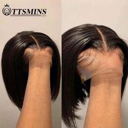 Full 13x4 Short Black Bob Wigs 180% Human Hair Straight Transparent Lace Frontal Wig Pre Plucked With Baby Natural Colour