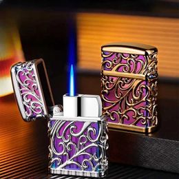 Lighters Hot selling metal blue flame turbine torch inflatable butane gas lamp outdoor windproof light 3D flower pattern cigarette set Q240522