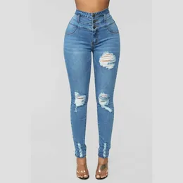 Women's Jeans 2024 Denim Pencil Pants S-4XL Plus Size Women High Waist Ripped Skinny Casual Triple Breasted Stretch Sweatpants