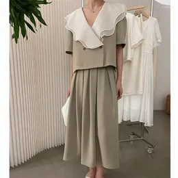Work Dresses Korean Elegant Lady Fashion 2 Pieces Dress Suits Ruffles Collar Blazer Top High-waist A Line Midi Skirt Summer Chic 2pc Sets