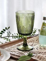 Vintage green leaf embossed high foot wine glass household water cup banquet juice breakfast 240523