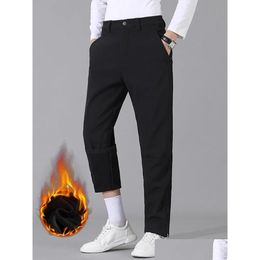 Mens Pants Winter Thick Warm Fleece Lined Stretch Golf Slacks Waterproof Straight Casual Male Trousers Plus Size 8Xl 231018 Drop Deliv Dhkmh
