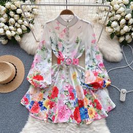 Casual Dresses Chic Print Elegant V Neck Puff Sleeve With Belt Mini Dress A-line Party Women Fashion Autumn Spring Vestidos