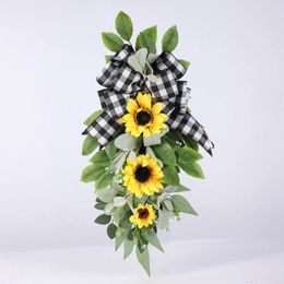 Decorative Flowers Spring Summer Black And White Cheque Bow Sunflower Wreath Welcome Card Gift Door Decor Purple Household Items