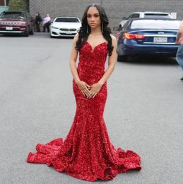 Red Mermaid Sequined Prom Dresses Sweetheart Neckline Evening Gowns Sweep Train Special Occasion Formal Wear Vestidos De Fiesta