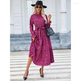 Casual Dresses Elegant Women's Standing Collar Printed Long Sleeve Spring/Summer Office Lady Ruffle Lace Up Waist Cake Dress S-XL