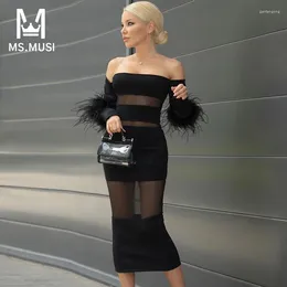 Casual Dresses MSMUSI 2024 Fashion Sexy Off The Shoulder Feather Lace Mesh Hollow Out Long Sleeve Bandage Party Club Bodycon Midi Dress