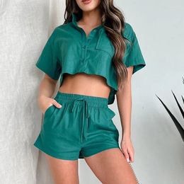 Work Dresses Ultra Short Button Up Shirt Top With Drawstring Pants Two-piece Set For Women
