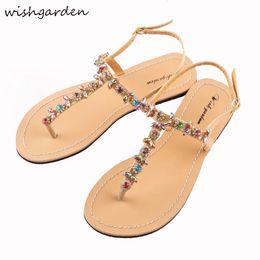 Summer Womens Flat Beach Shiny Rhinestone Sandals Womens Bohemian Diamond T-shaped Shoes with T-shaped Flip Slippers Plus Size 240430