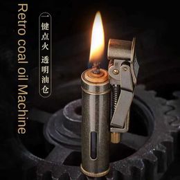 Lighters 2023 New Copper Kerosene Lamp Visual Oil Tank One Click Ignite Retro Nostalgic Grinding Wheel Light Mens Smoking Gift Tool Q240522