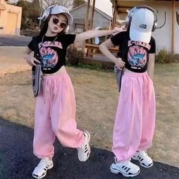 2023 Teenager Summer Girls Clothes Midriff Street Suit Crop Top Cartoon Print T Shirt + Ripped Ankle-tied Pant 7 9 12 14 15 Year L2405