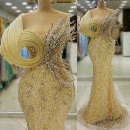 2024 Aso Ebi Champagne Mermaid Prom Dress Beaded Crystals Stylish Evening Formal Party Second Reception 50th Birthday Engagement Thanksgiving Gowns Dresses ZJ104