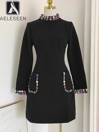 Casual Dresses AELESEEN High Quality Black Mini Dress For Women Fashion Designer Colorful Crystal Beading Long Sleeve Zipper Slim Office