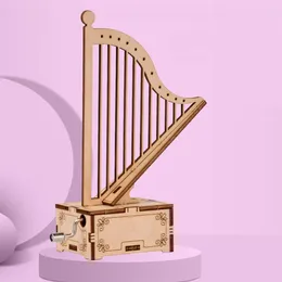 Decorative Figurines Wooden Handwork Music Box Harp Shape Assembled Muic For Kids