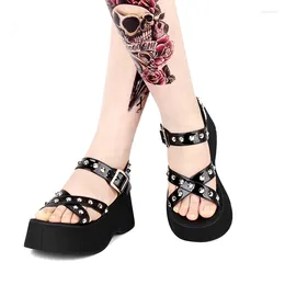 Sandals Summer Dark Gothic Style Lolita Open Toe Rivet Platform Women Punk Shoes High Heels 8cm Wedge Big Size