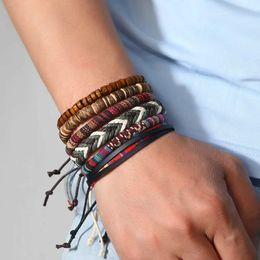 Bangle 4 pieces/set woven packaging leather mens retro life tree origami charm wood bead ethnic tribe wristband rope Q240522