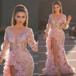 Basic Casual Dresses Spring/Summer Womens Pink V-neck Long sleeved Sequins Luxury Elegant Wedding Evening Dress High Split Dress J240523