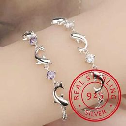 Bangle Fashion 925 Sterling Silver Chain Womens Party Cute Dolphin Bracelet Luxury Crystal CZ Jewellery Gift Q240522