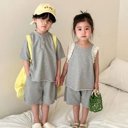 Summer Brother Sister Outfits Boy Baby Solid Loose Sport Short Sleeve T-shirt Shorts 2pcs Girl Children Cotton Lace Vest Set 240523