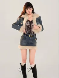 Work Dresses Blue Denim Faux Fur Short Skirt Suit For Women 2024 Autumn Winter Fashion 2-piece Set Brim Style Jacket Tops Mini Skirts