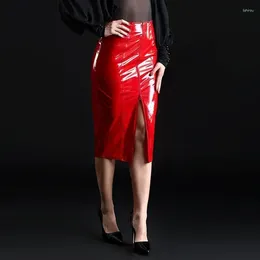 Skirts High Waist Faux PU Leather Midi Women Sexy Front Split Pencil Ladies Shiny Patent Slim Clubwear Custom
